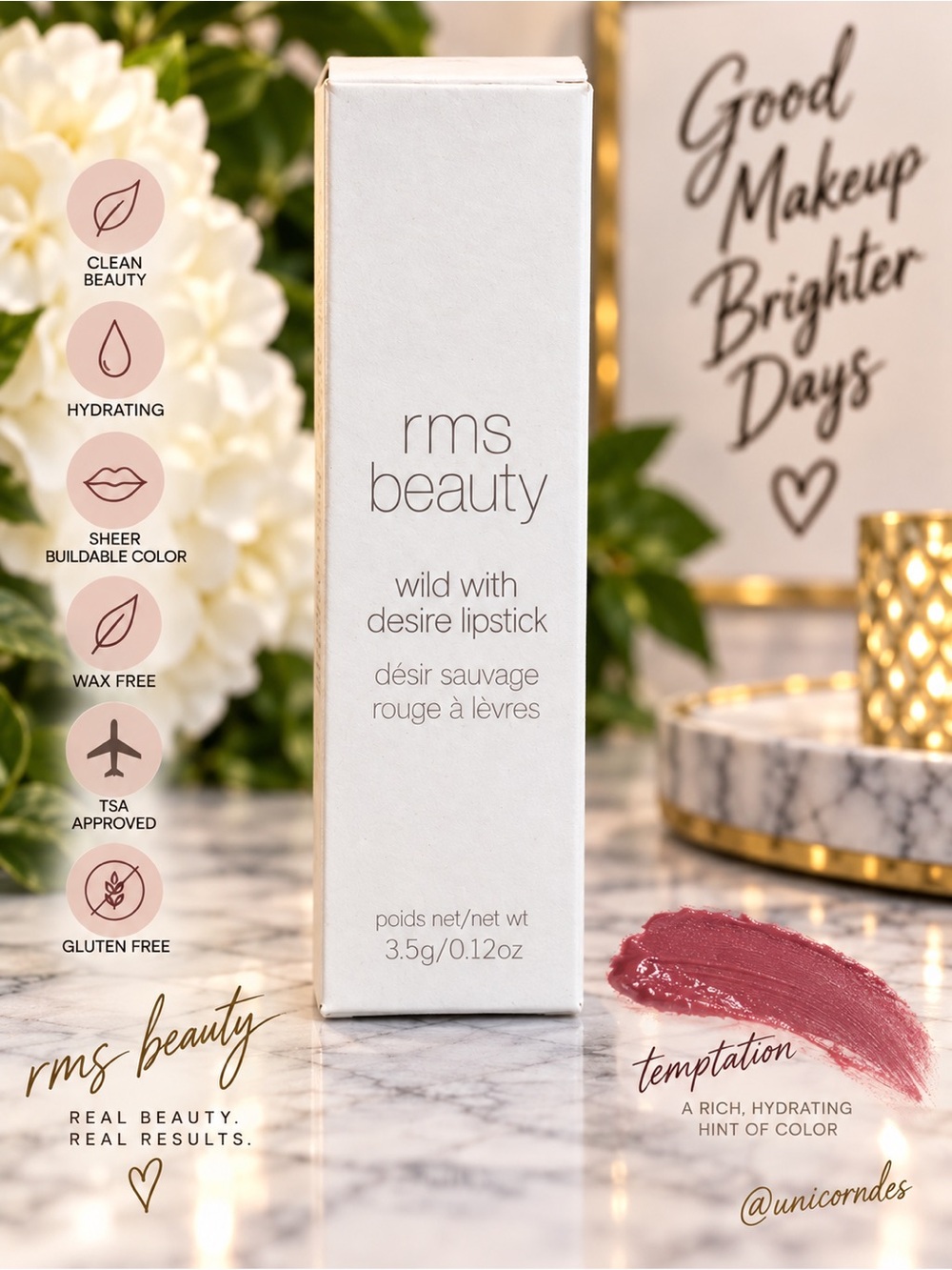 RMS Beauty Wild With Desire Lipstick Temptation Full Size Clean Beauty 3.5g